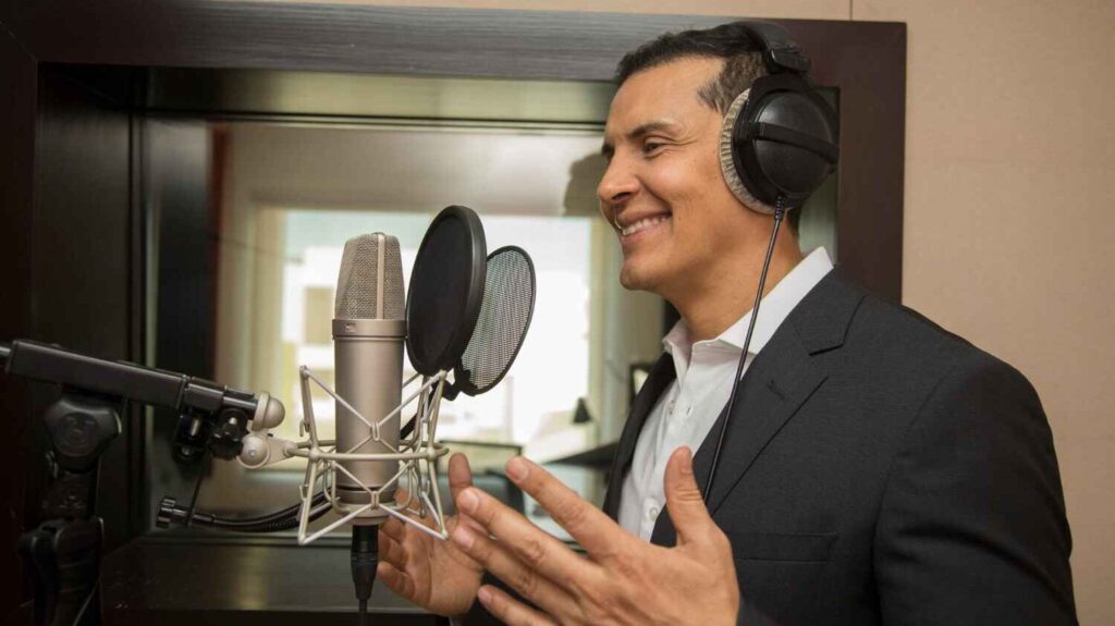 A man with dark brown skin, short dark hair, and a full beard is enthusiastically recording into a microphone in a professional studio. He wears headphones and a black suit.
