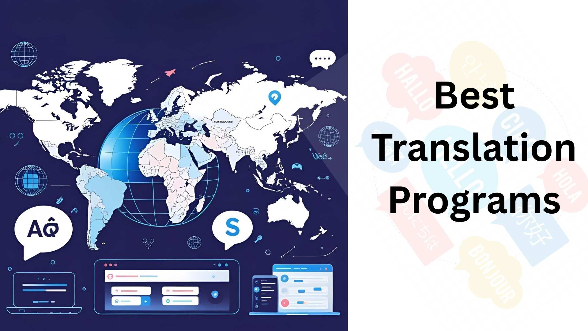 Best translation programs banner with world map and digital language icons.