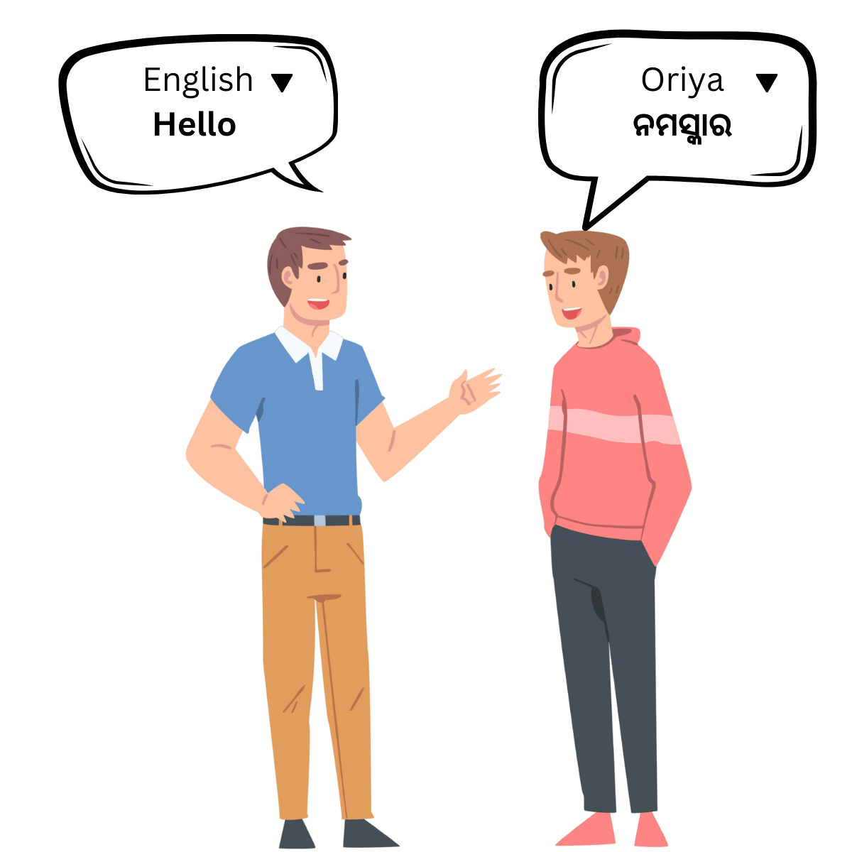 Two people talking in English and Odia