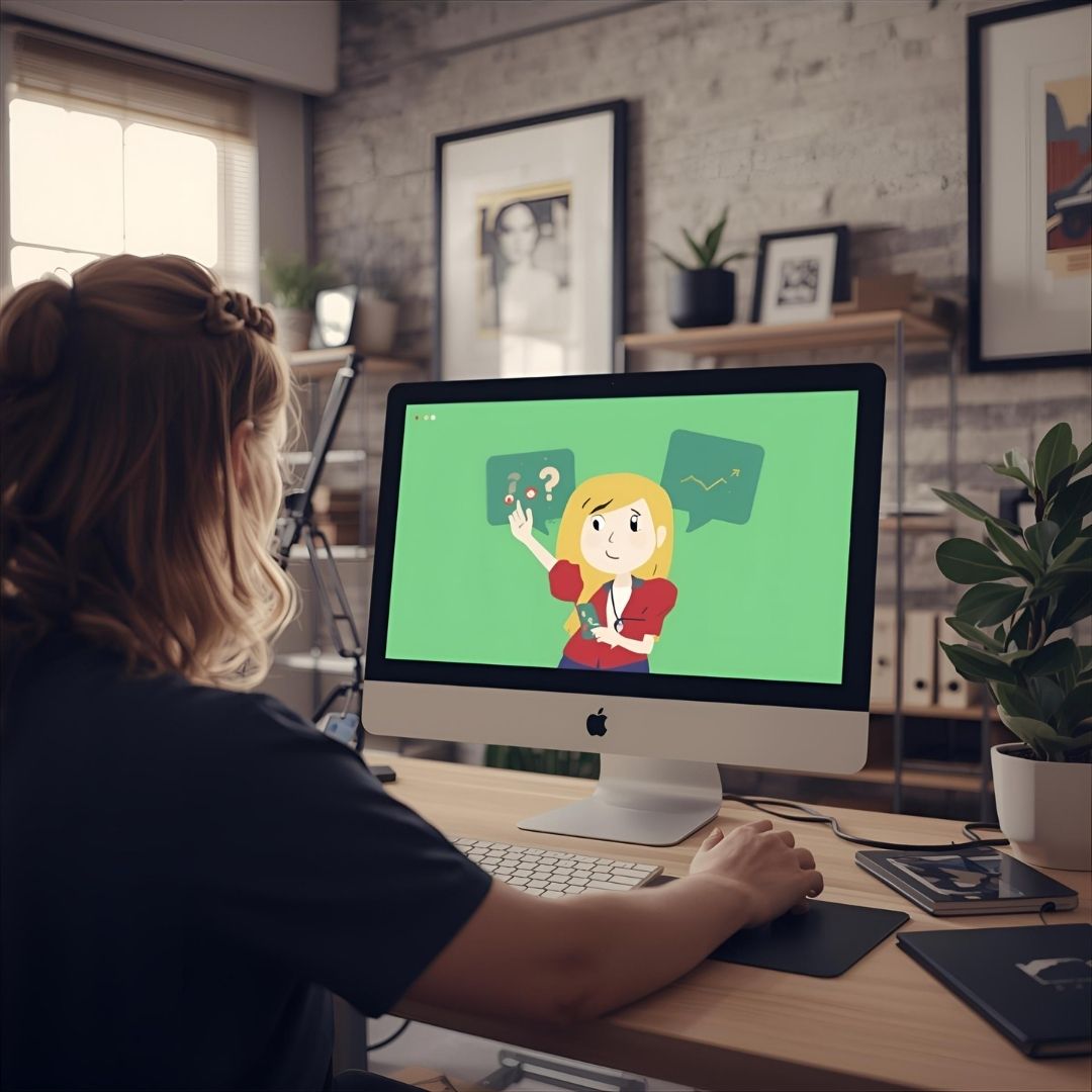 A woman at a desk working on an iMac with an animated character on the screen, showing the video production process with question marks and a growth chart.