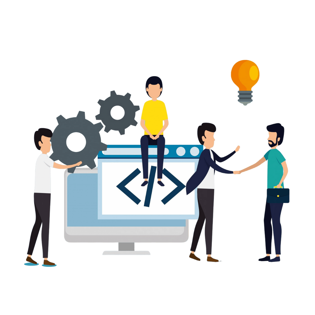 An illustration of four men working as a team, with gears and a lightbulb representing ideas, and a computer monitor with a code symbol, symbolizing industrial and tech collaboration.