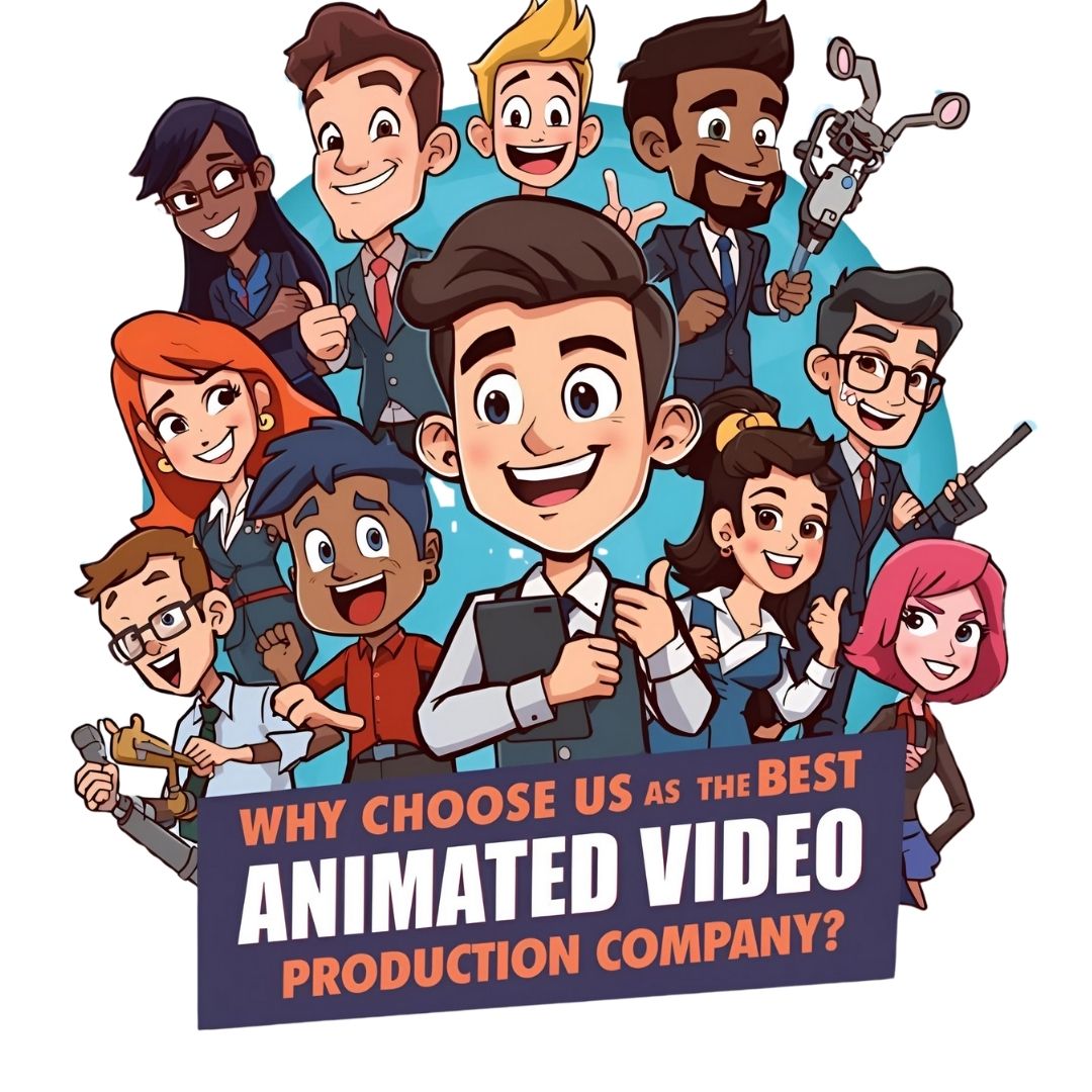 A group of diverse, animated characters smiling and giving a thumbs-up, surrounding a central figure holding a tablet. A banner below reads, "WHY CHOOSE US AS THE BEST ANIMATED VIDEO PRODUCTION COMPANY?