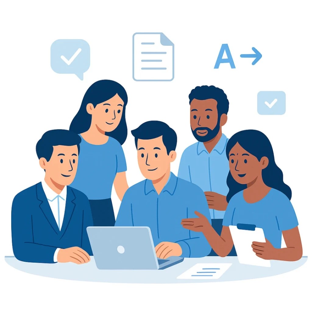 A team of professional translators and editors collaborating around a laptop, symbolizing accuracy, teamwork, and translation quality at VerboLabs