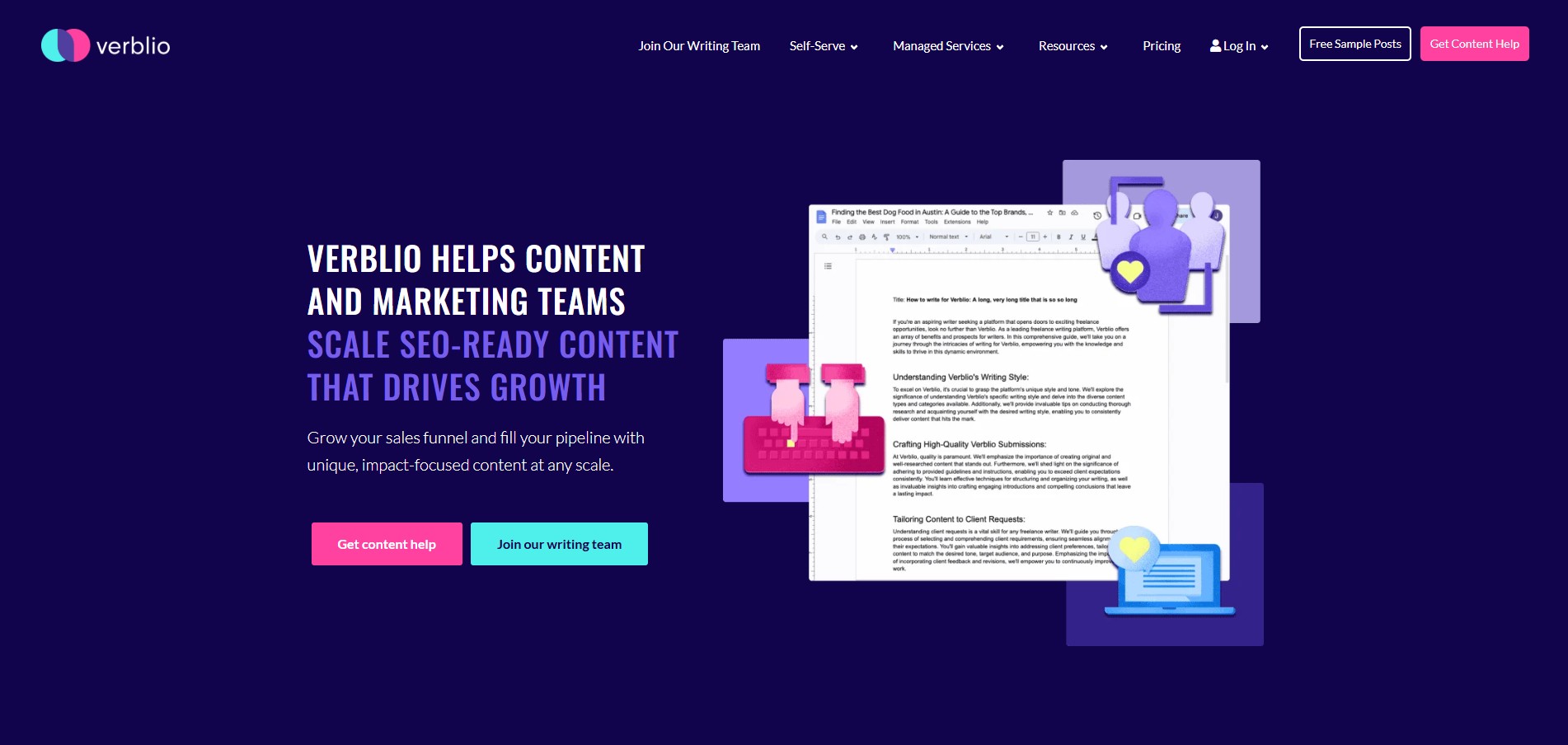 Verbilio content writing services homepage screenshot