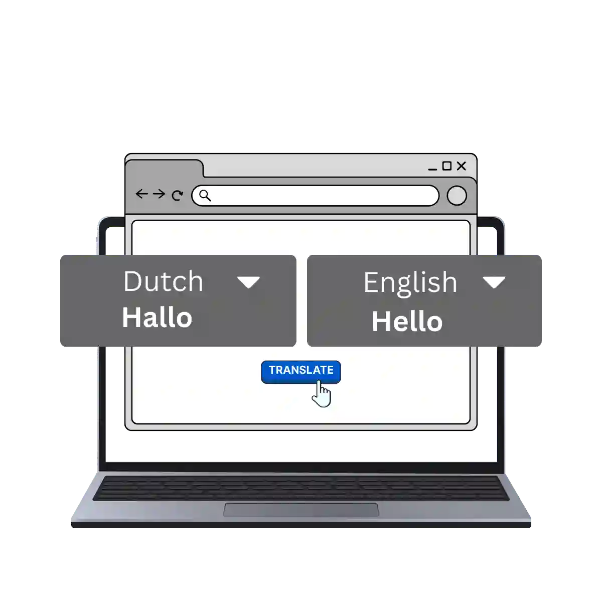 Laptop screen showing Dutch “Hallo” translated into English “Hello.”