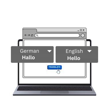 Laptop screen showing German “Hallo” translated into English “Hello.”
